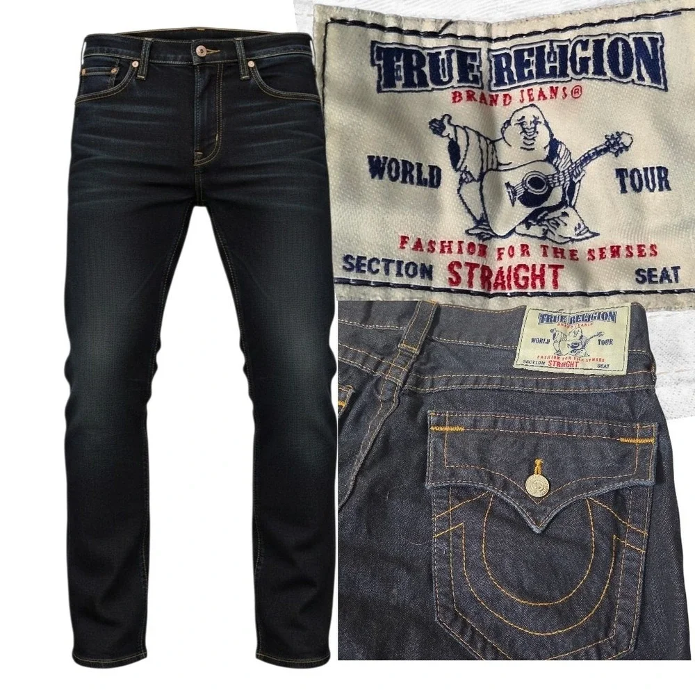 True Religion Straight Leg Jeans Mens 32 Dark Wash Indigo Horseshoe Flap Pocket